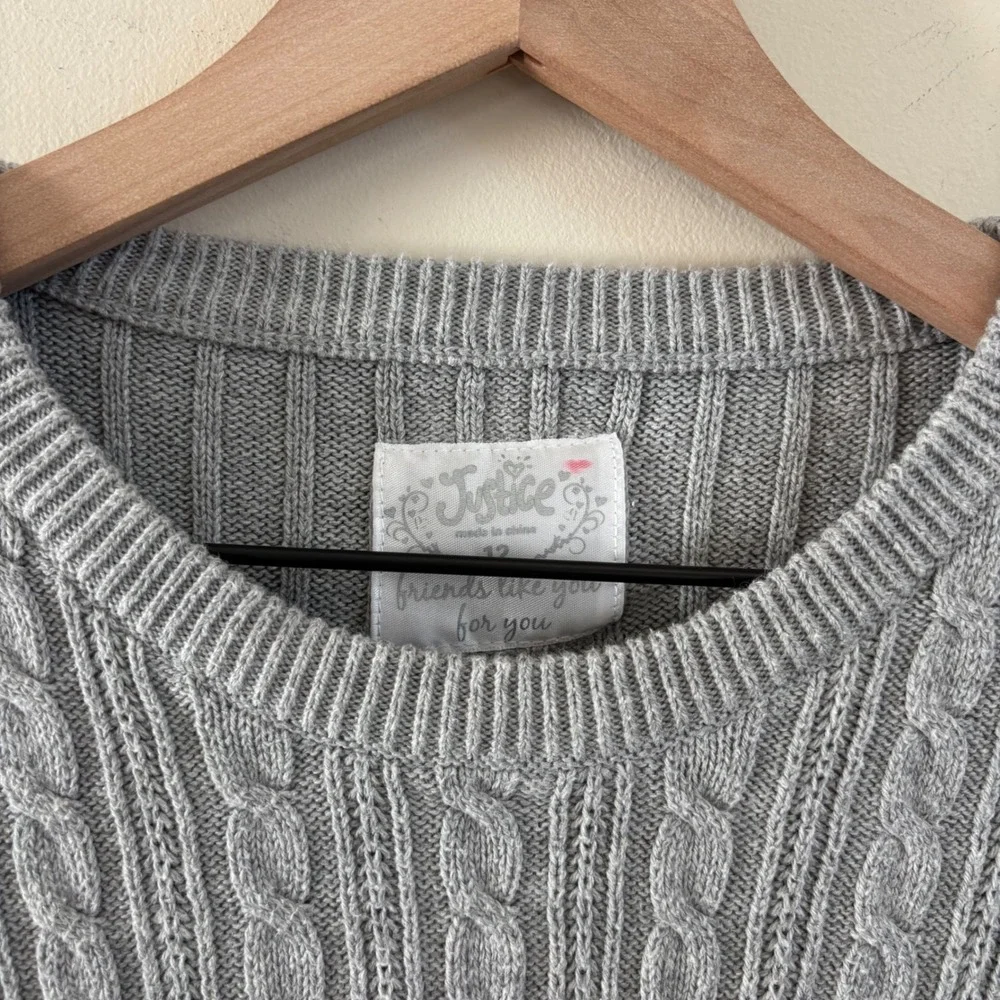 Justice Girls Gray Cable Knit Sweater Plaid Trim Short Sleeve Top Size 12 XS